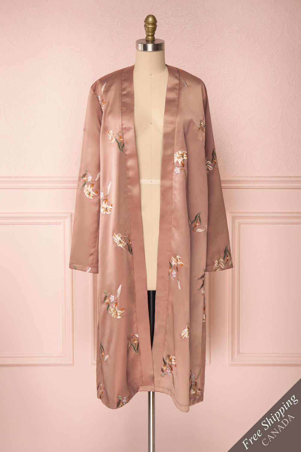 Lyria Taupe Satin Floral 3/4 Sleeve Kimono | Boutique 1861 front view FS