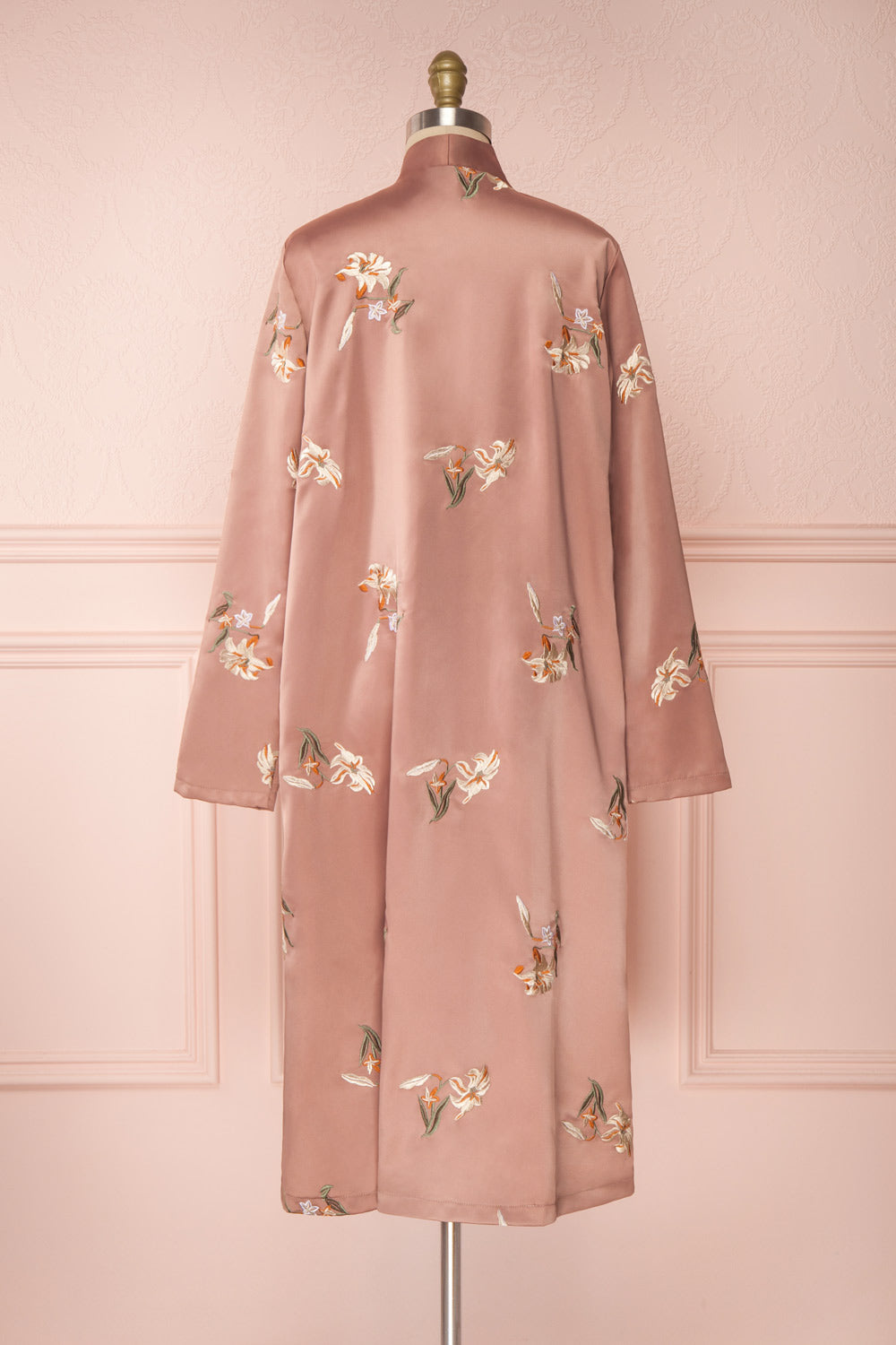 Lyria Taupe Satin Floral 3/4 Sleeve Kimono | Boutique 1861 back view