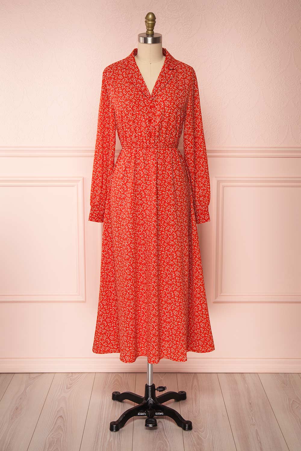 Lyyti Red Floral Long Sleeved Midi Dress | Boutique 1861