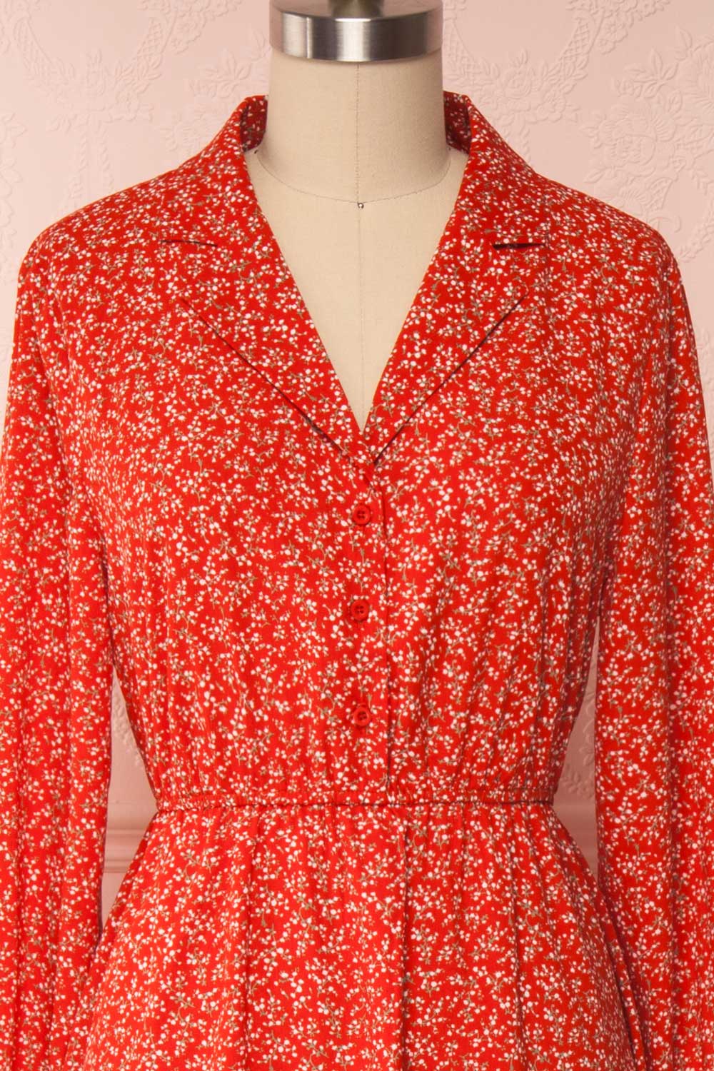 Lyyti Red Floral Long Sleeved Midi Dress front close up | Boutique 1861