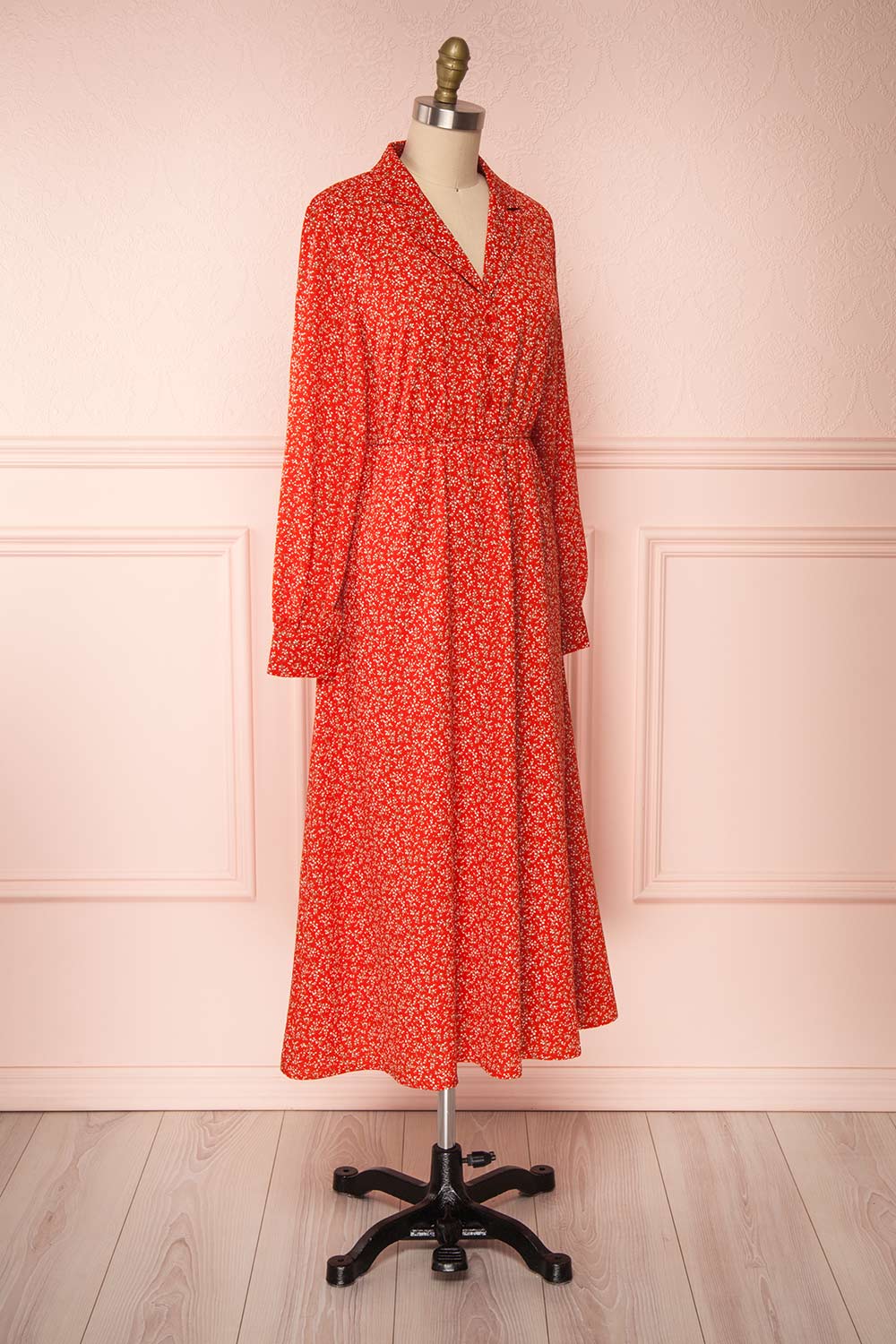 Lyyti Red Floral Long Sleeved Midi Dress side view | Boutique 1861