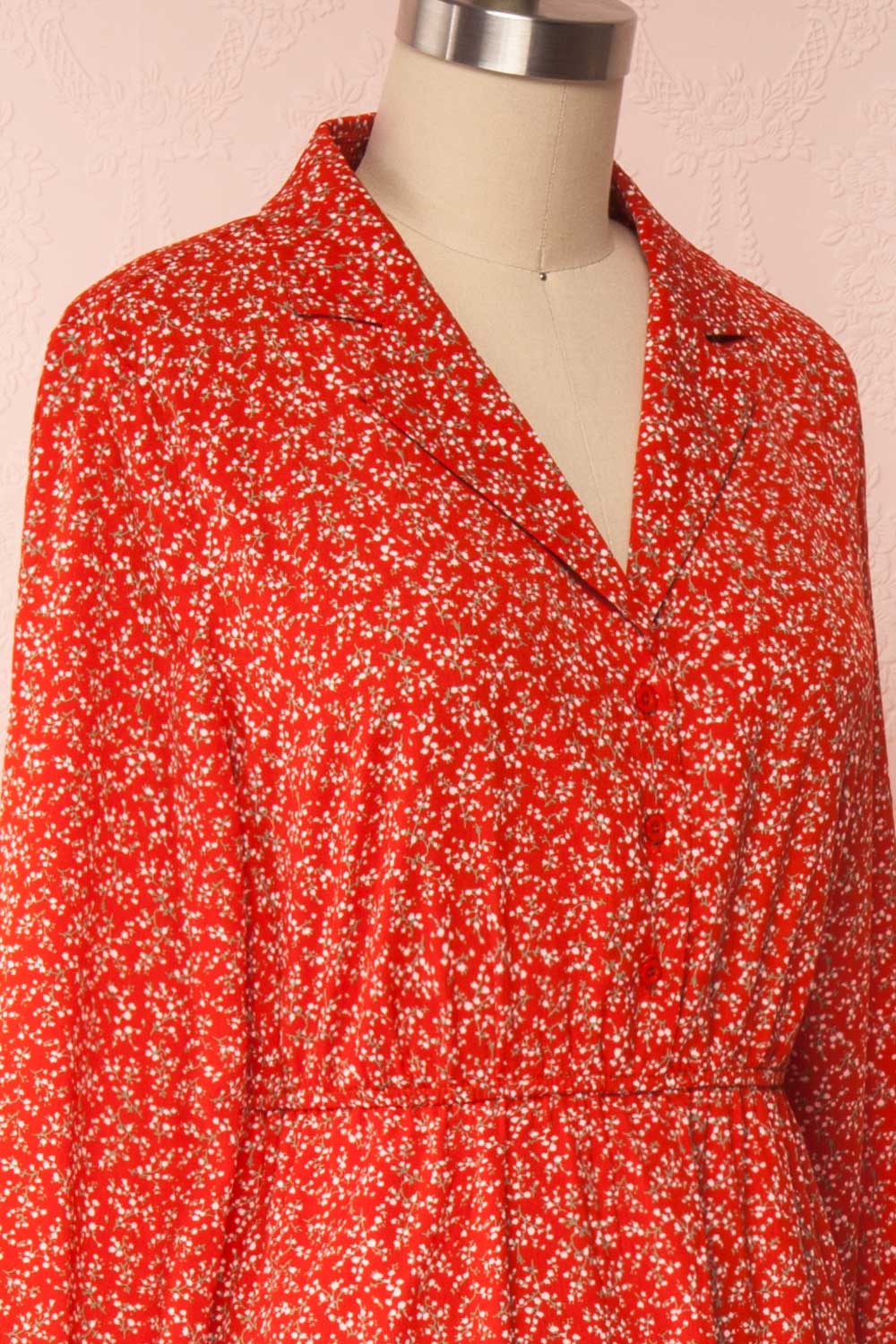 Lyyti Red Floral Long Sleeved Midi Dress side close up | Boutique 1861