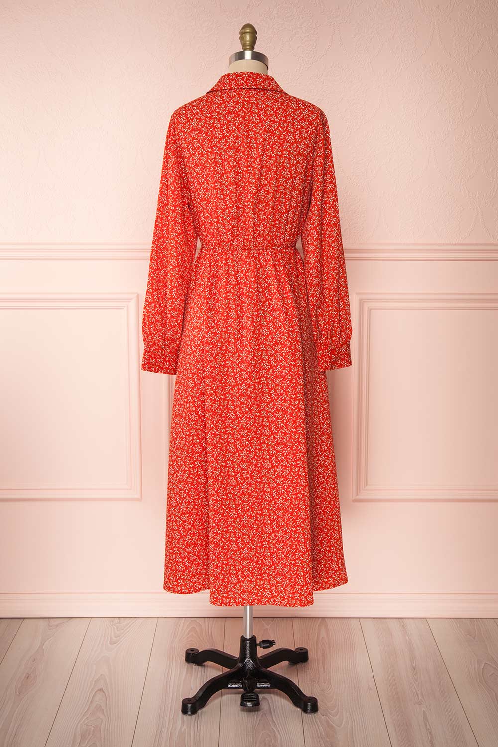 Lyyti Red Floral Long Sleeved Midi Dress back view | Boutique 1861