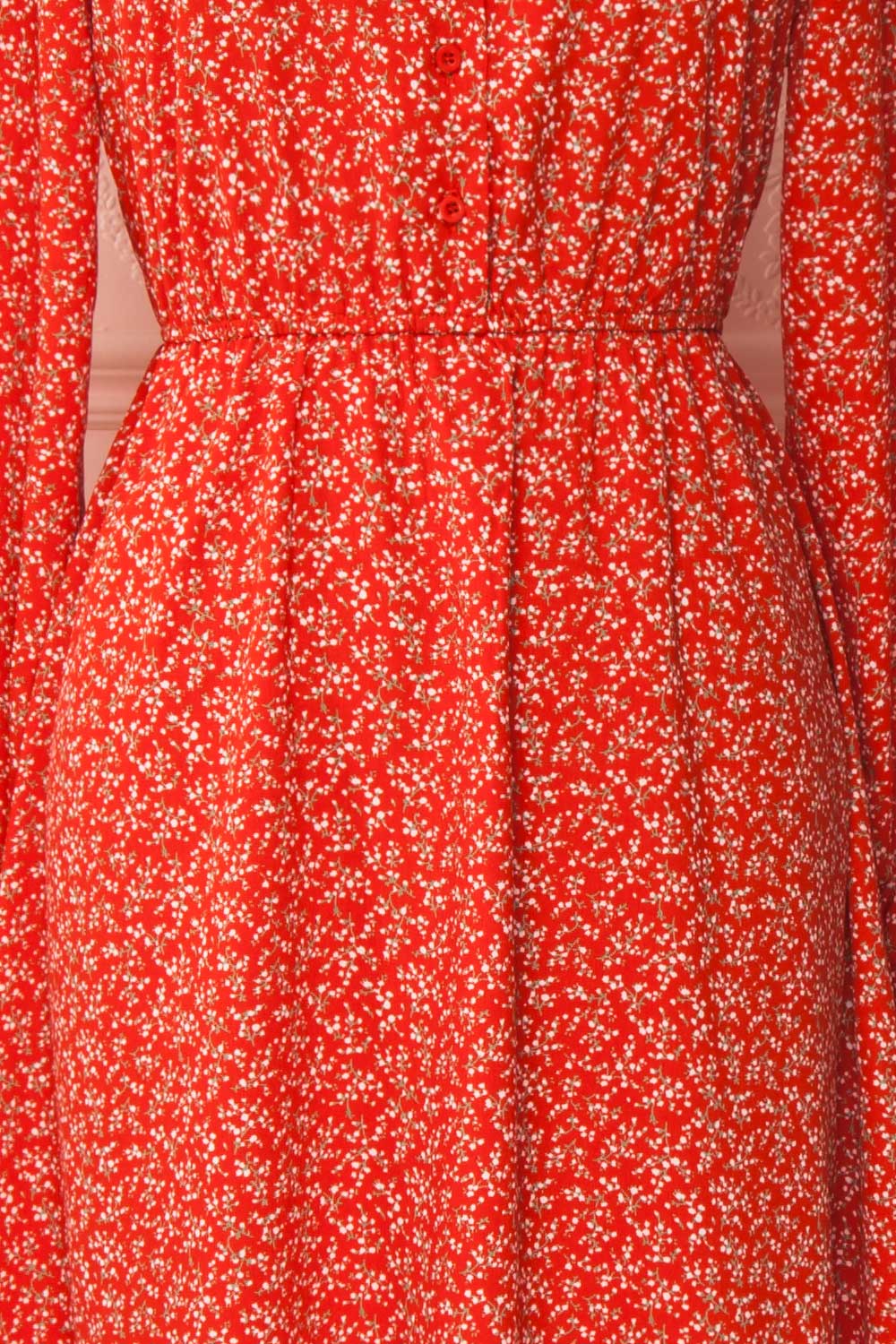 Lyyti Red Floral Long Sleeved Midi Dress fabric | Boutique 1861