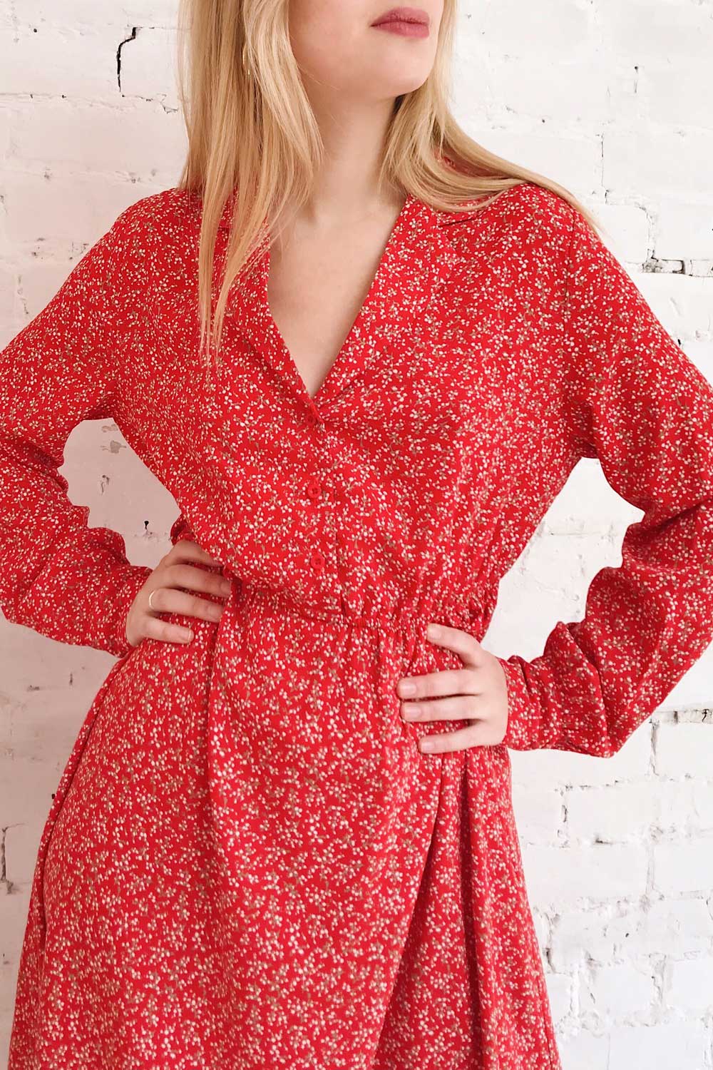 Lyyti Red Floral Long Sleeved Midi Dress | Boutique 1861 on model