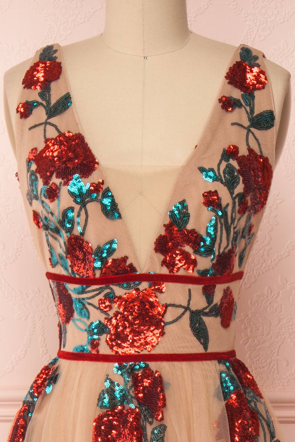 Madilyn Beige A-Line Gown w/ Sequin Floral Pattern | Boutique 1861 front close-up