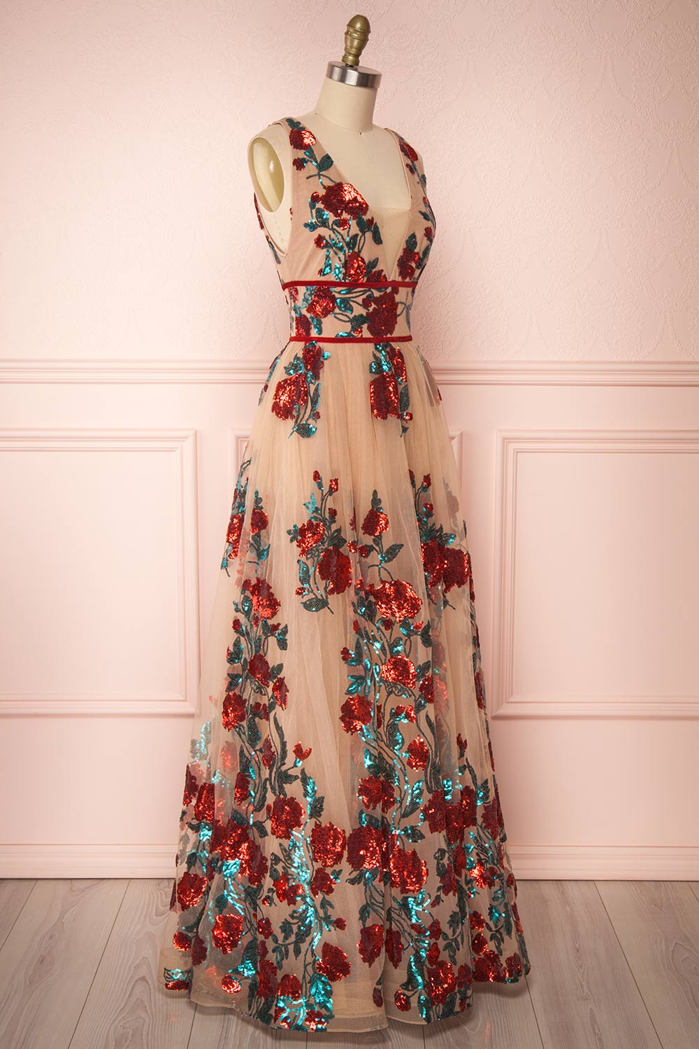 Madilyn Beige A-Line Gown w/ Sequin Floral Pattern | Boutique 1861 side view