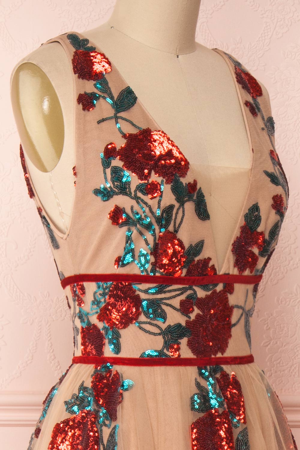 Madilyn Beige A-Line Gown w/ Sequin Floral Pattern | Boutique 1861 side close-up