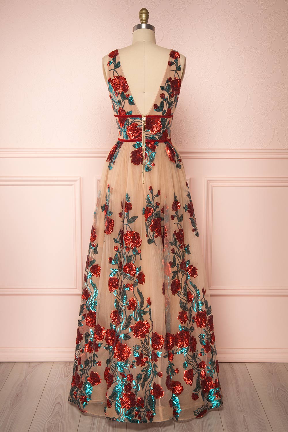 Madilyn Beige A-Line Gown w/ Sequin Floral Pattern | Boutique 1861 back view