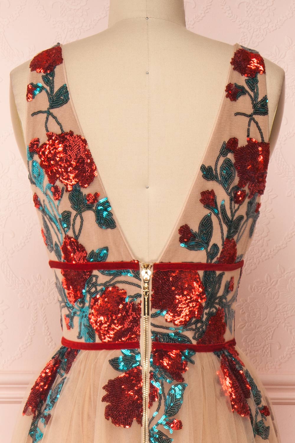 Madilyn Beige A-Line Gown w/ Sequin Floral Pattern | Boutique 1861 back close-up