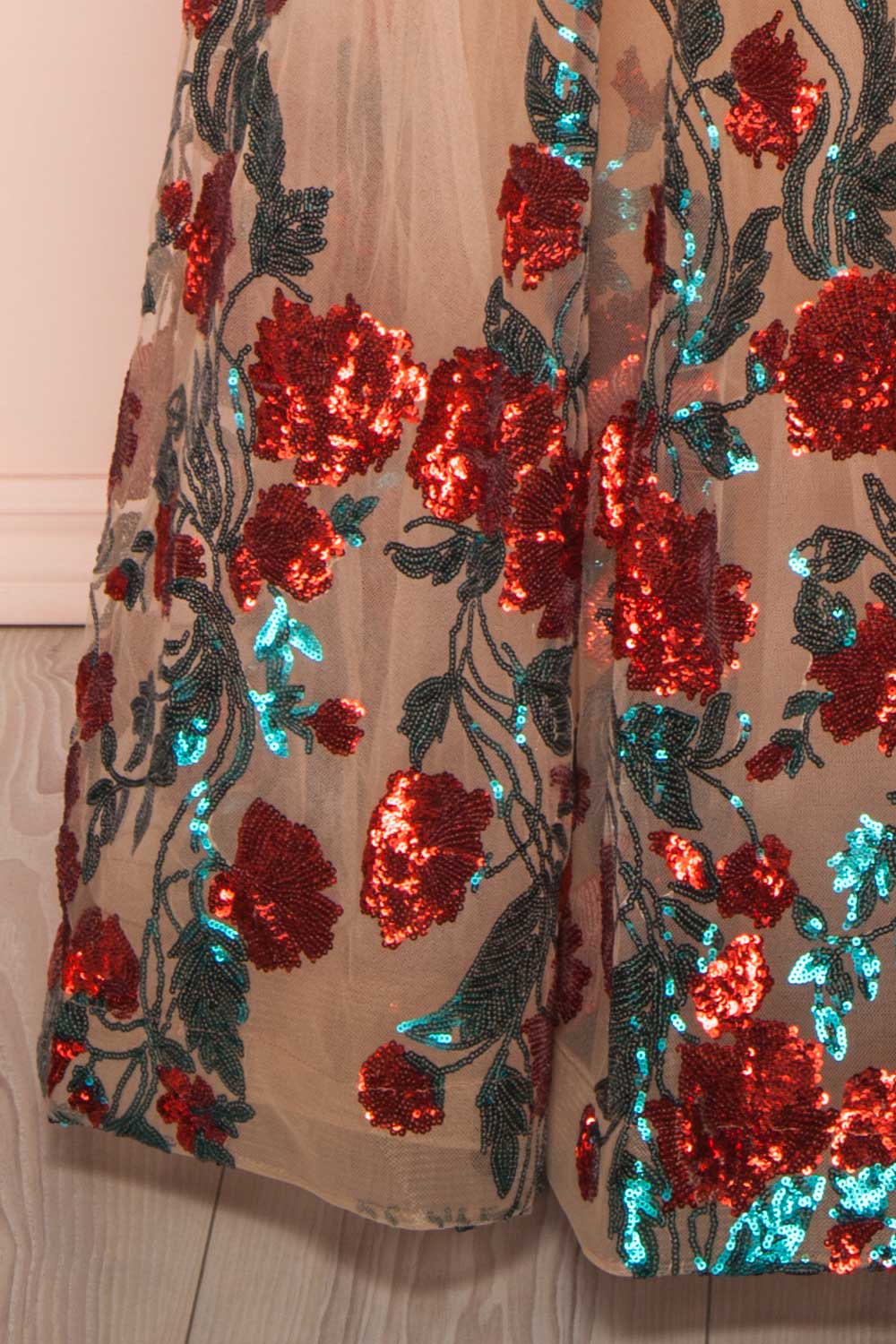 Madilyn Beige A-Line Gown w/ Sequin Floral Pattern | Boutique 1861 bottom close-up