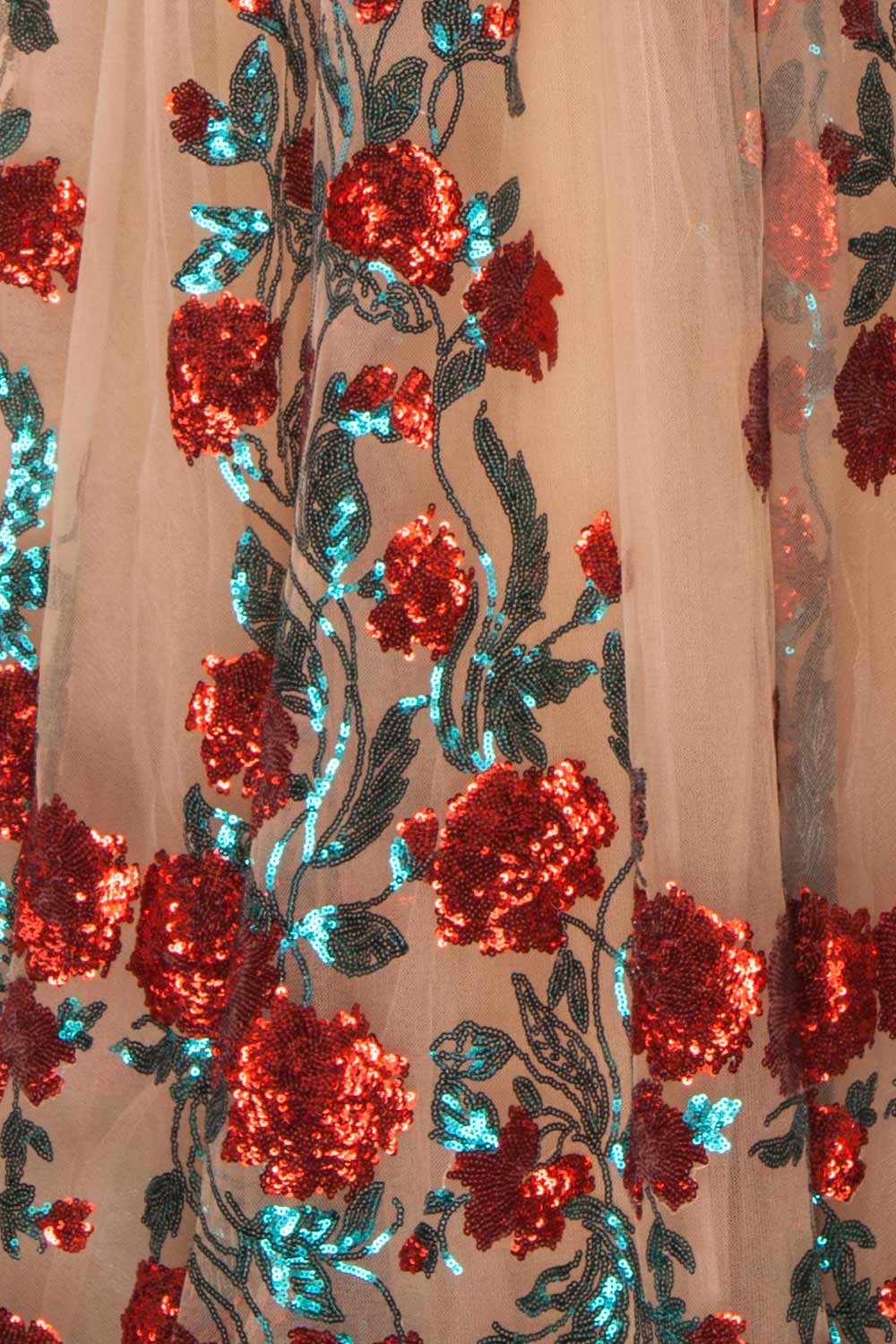 Madilyn Beige A-Line Gown w/ Sequin Floral Pattern | Boutique 1861 fabric detail