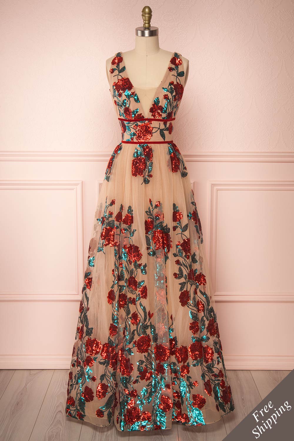 Madilyn Beige A-Line Gown w/ Sequin Floral Pattern | Boutique 1861 front view