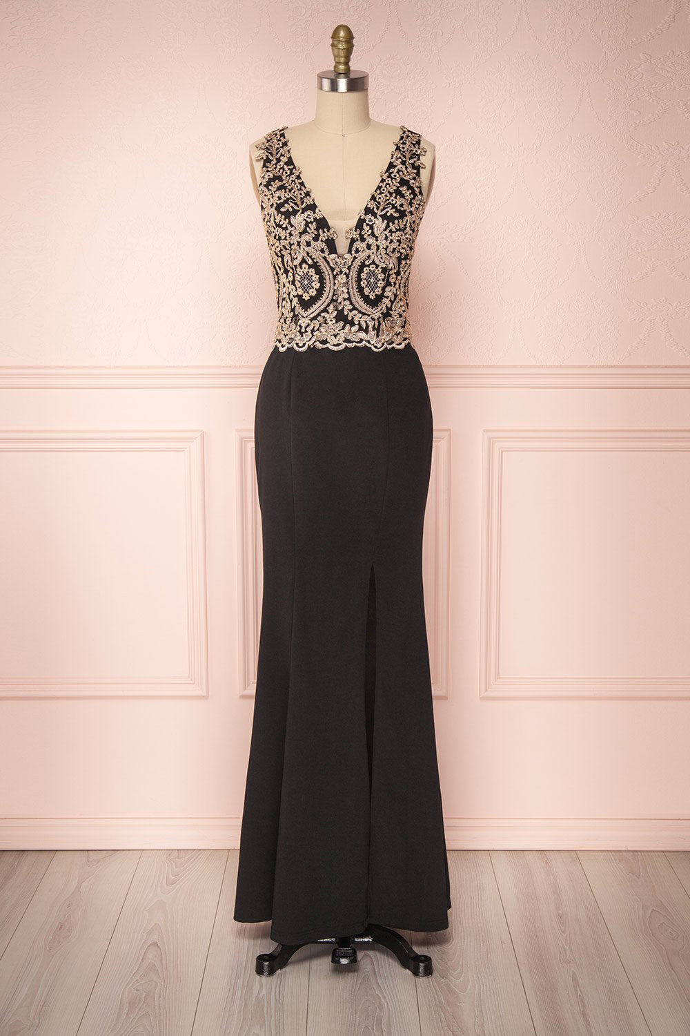 Mailie Black Mermaid Gown with Metallic Appliqués | Boutique 1861
