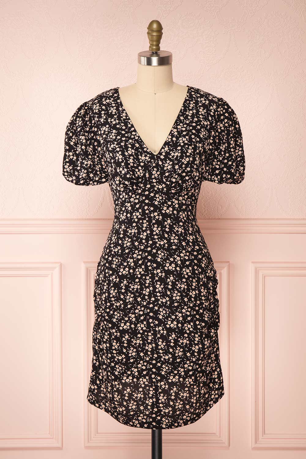 Malinda Floral Short Dress w/ Balloon Sleeves front view | Boutique 1861