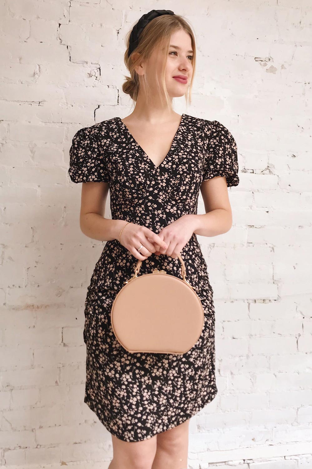 Malinda Floral Short Dress w/ Balloon Sleeves | Boutique 1861 on model