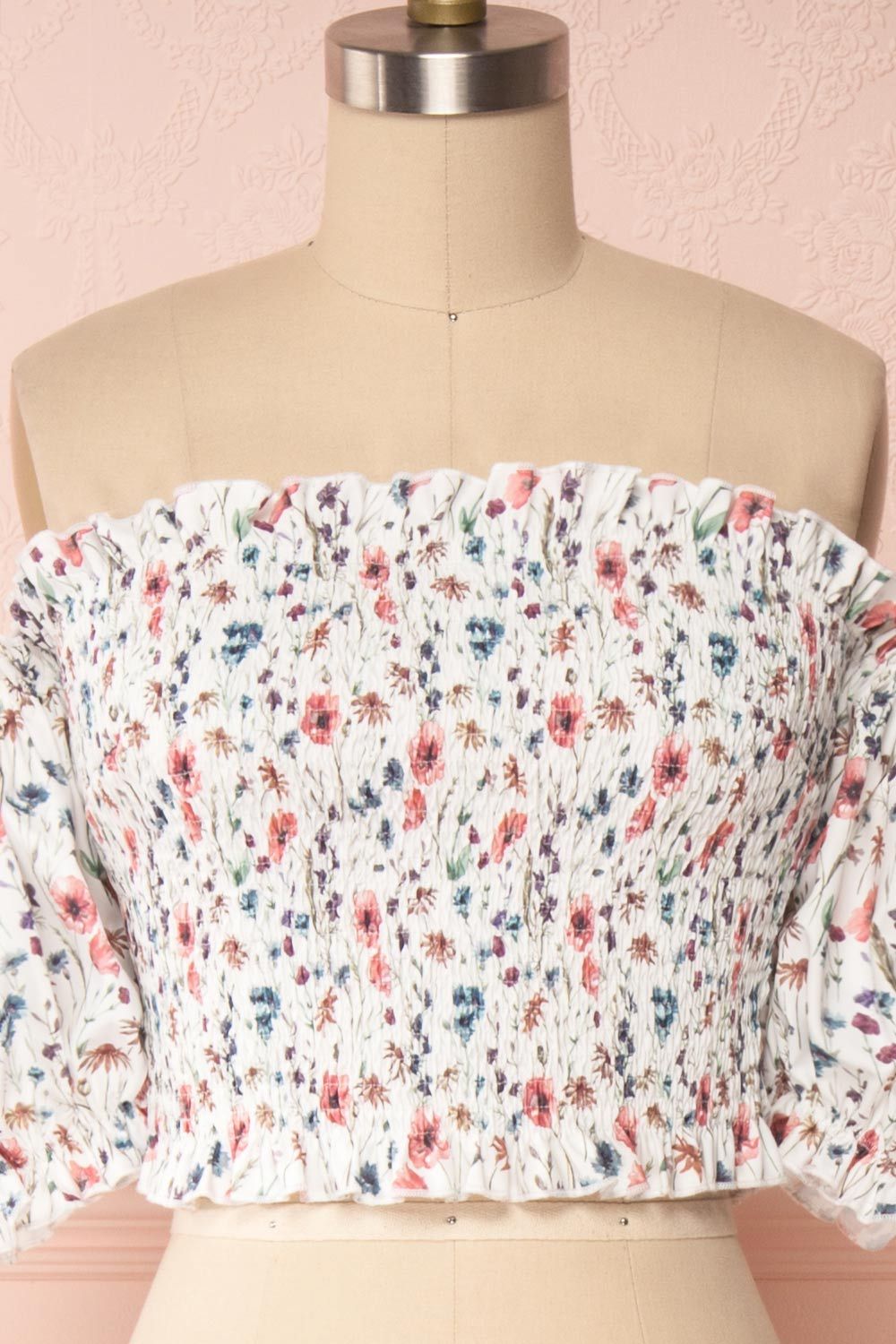 Malmedy White Floral Off-Shoulder Crop Top front close up | Boutique 1861