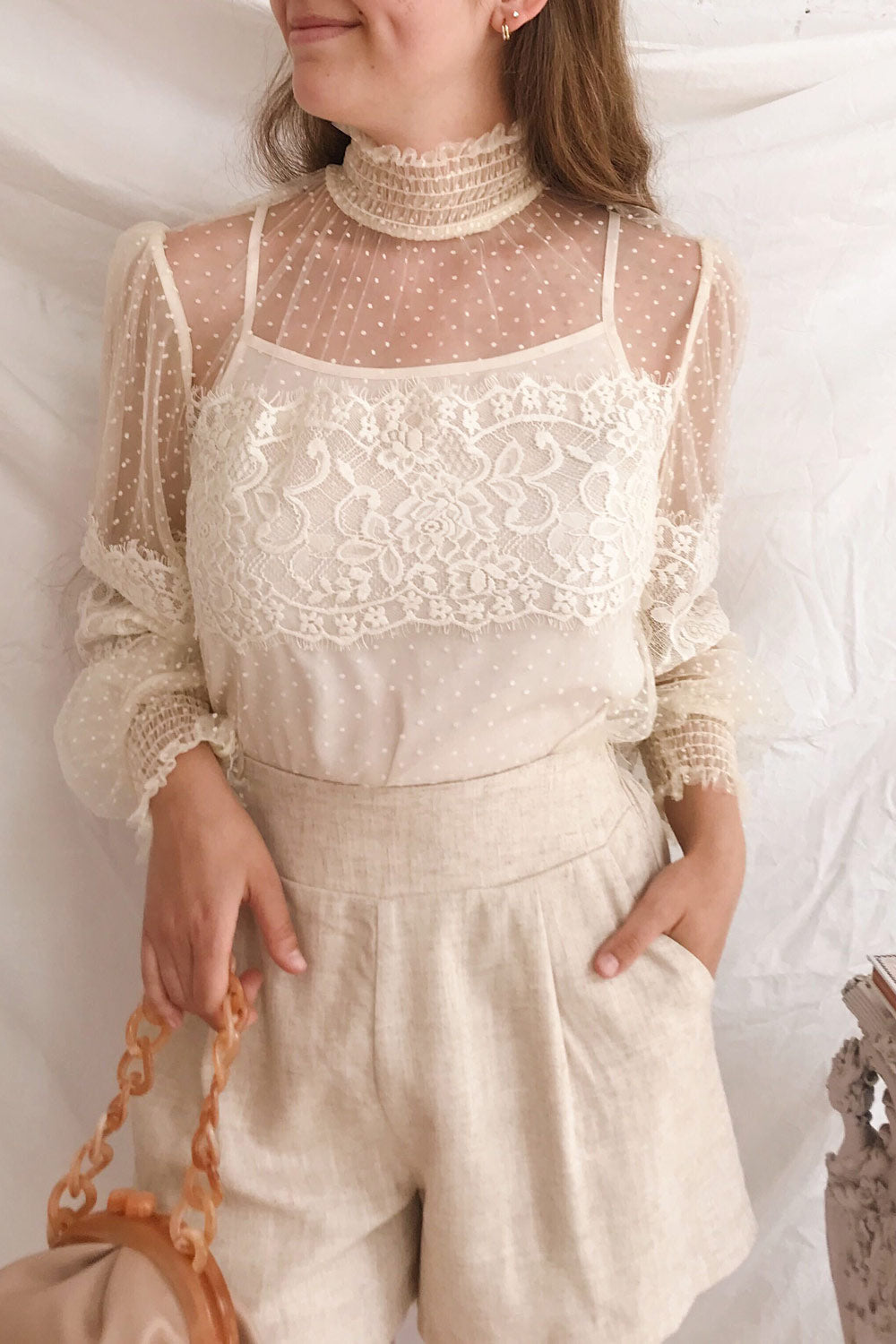 Mariasole Cream See-Through Top w/ Cami | Boutique 1861 on model