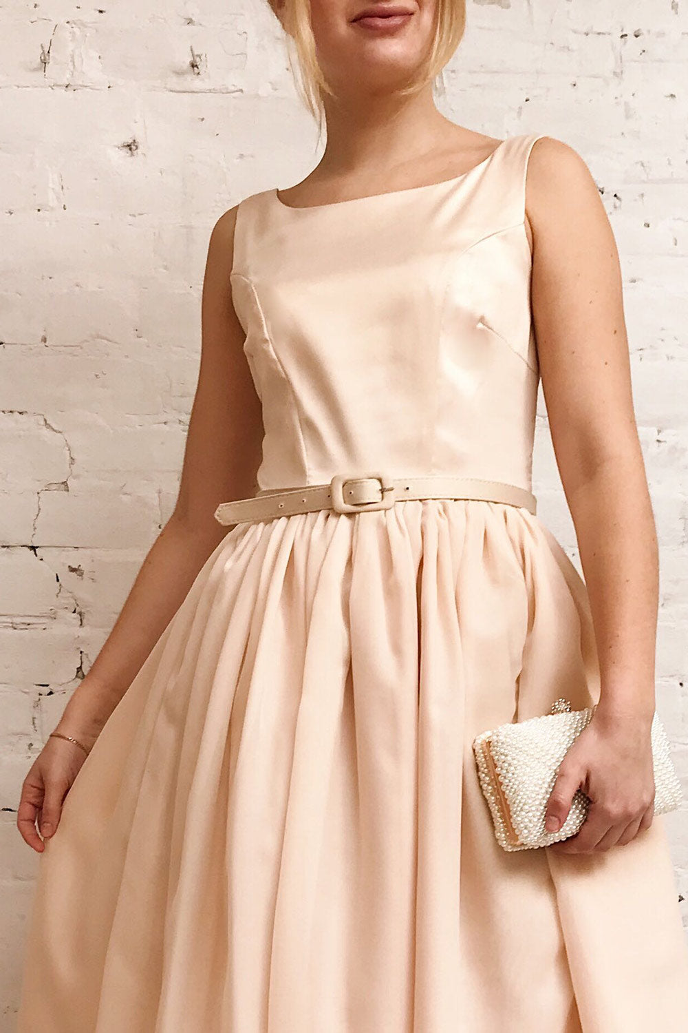 Maruela Beige A-Line Flared Midi Dress | Boutique 1861 on model