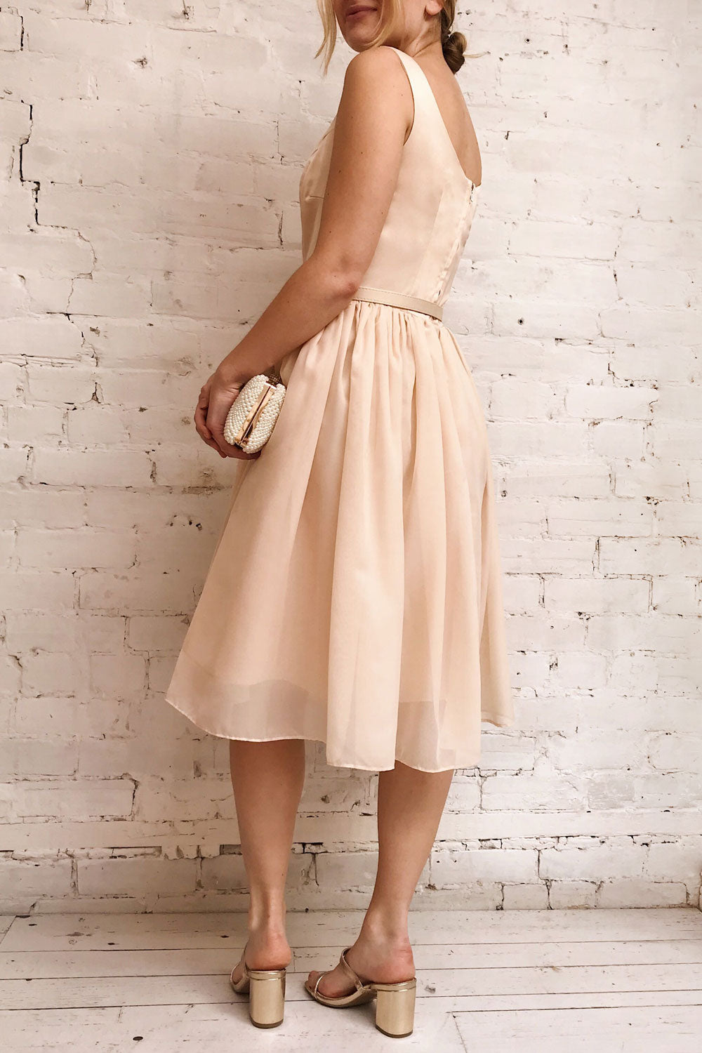 Maruela Beige A-Line Flared Midi Dress | Boutique 1861 model back