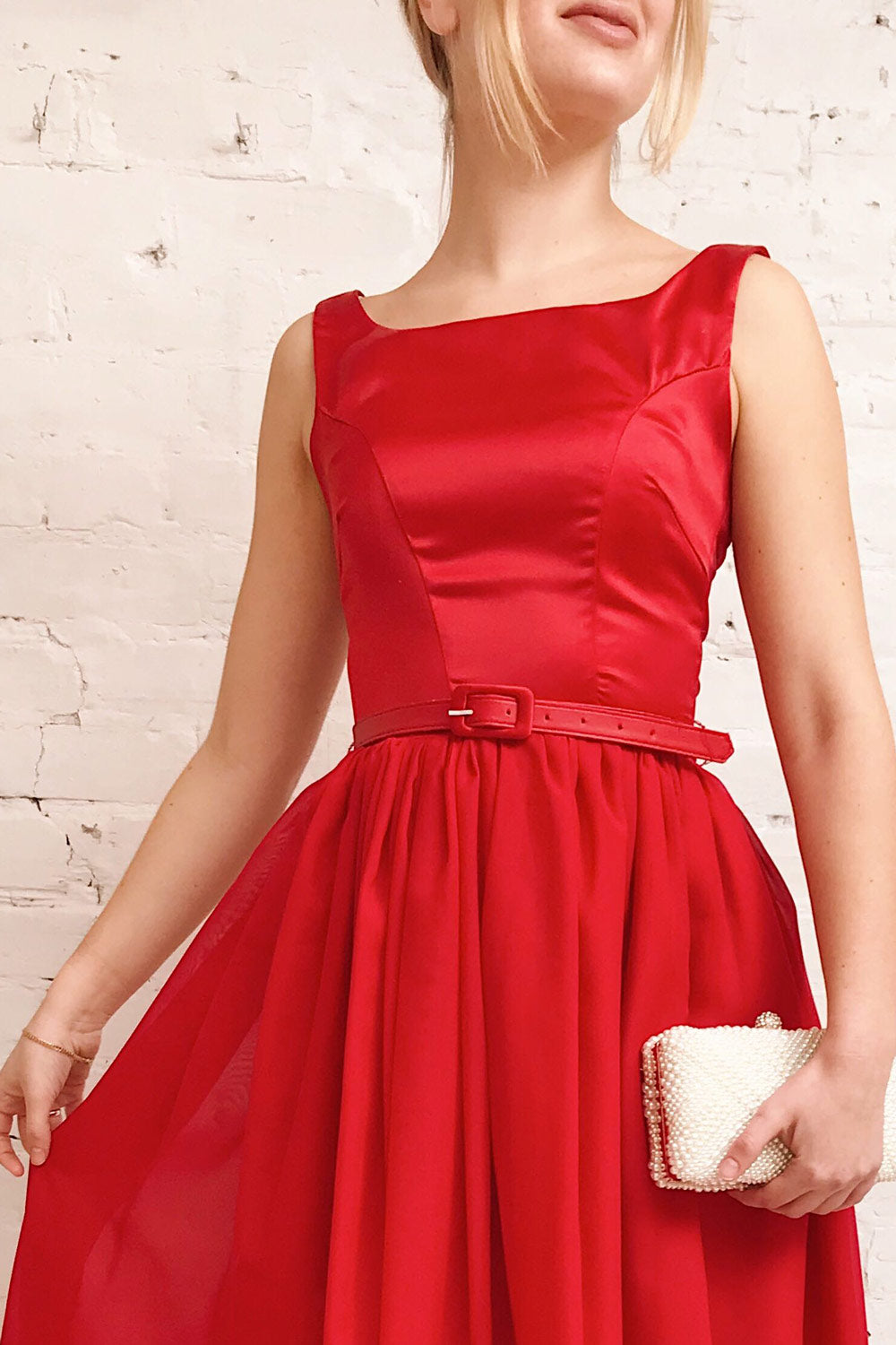 Maruela Rouge Red A-Line Flared Midi Dress | Boutique 1861 on model