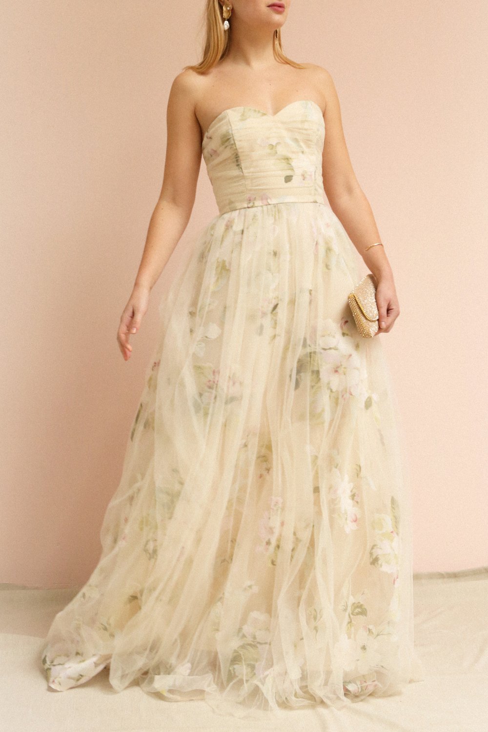 Marylou Blush Pink Tulle Floral Bustier Maxi Gown | Boutique 1861 on model