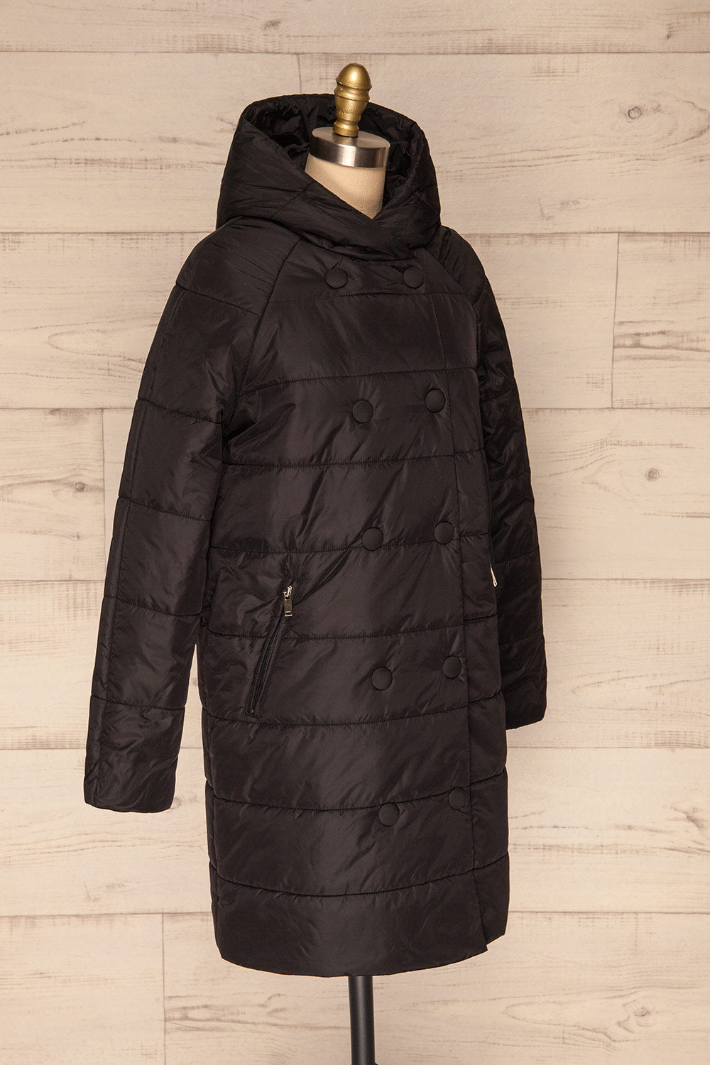 Matviy Night Black Quilted Coat with Hood | La Petite Garçonne side view