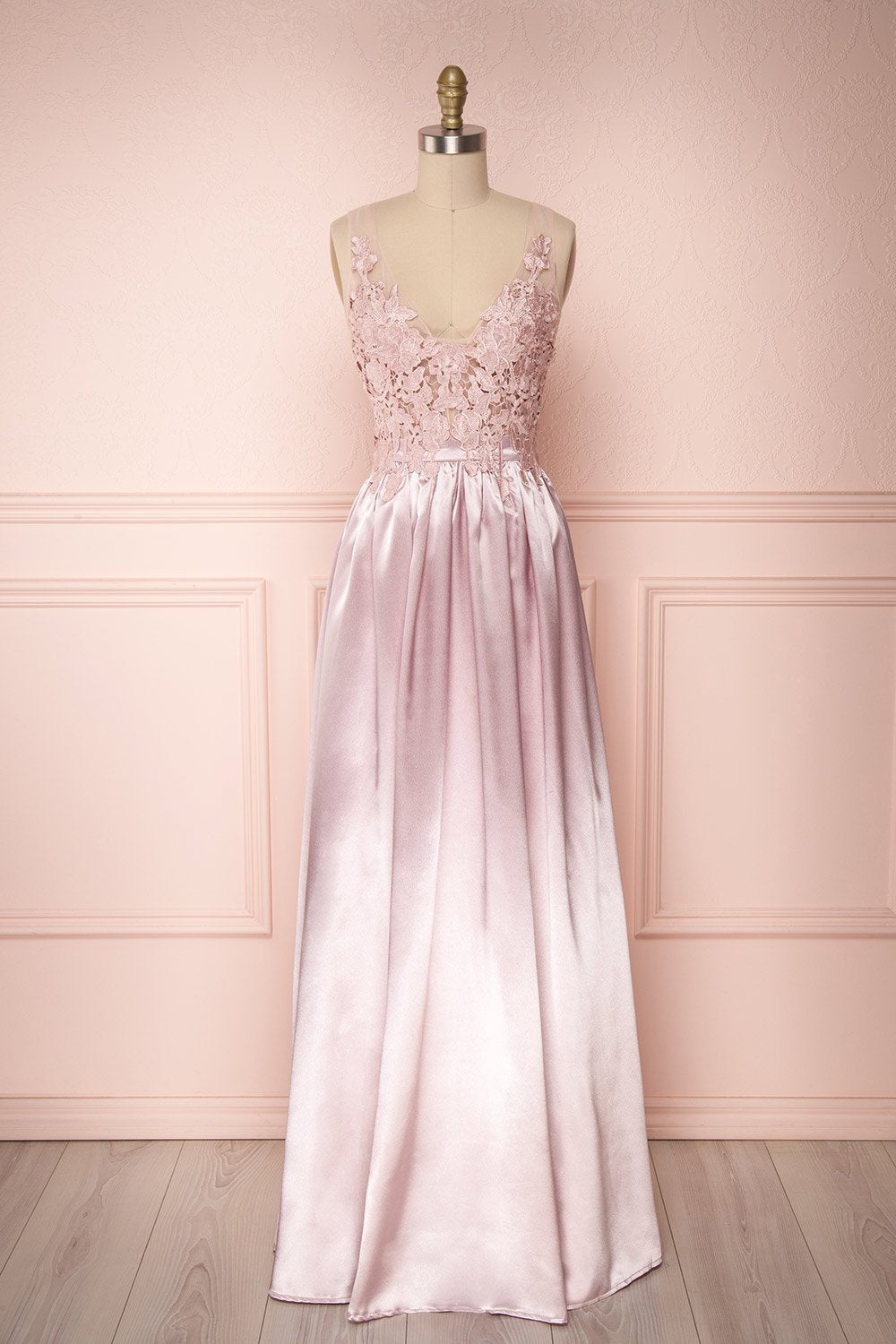 Mayla Blush Pink Silky A-Line Gown w/ a Lace Bodice | Boutique 1861