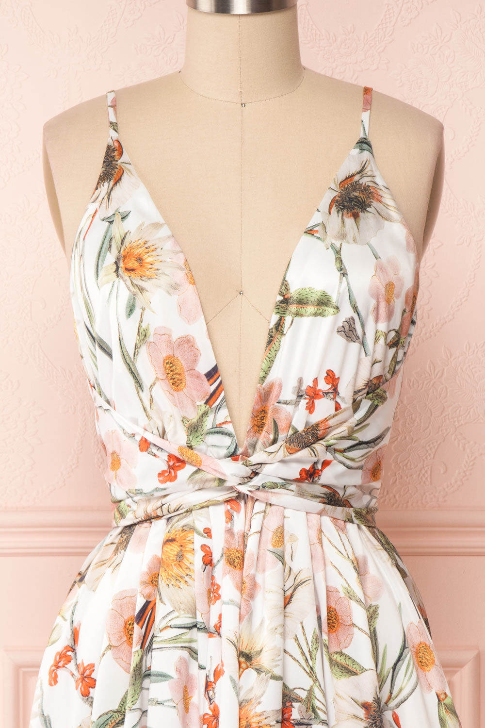 Melianda White Floral Satin A-Line Cocktail Dress | FRONT CLOSE UP | Boutique 1861