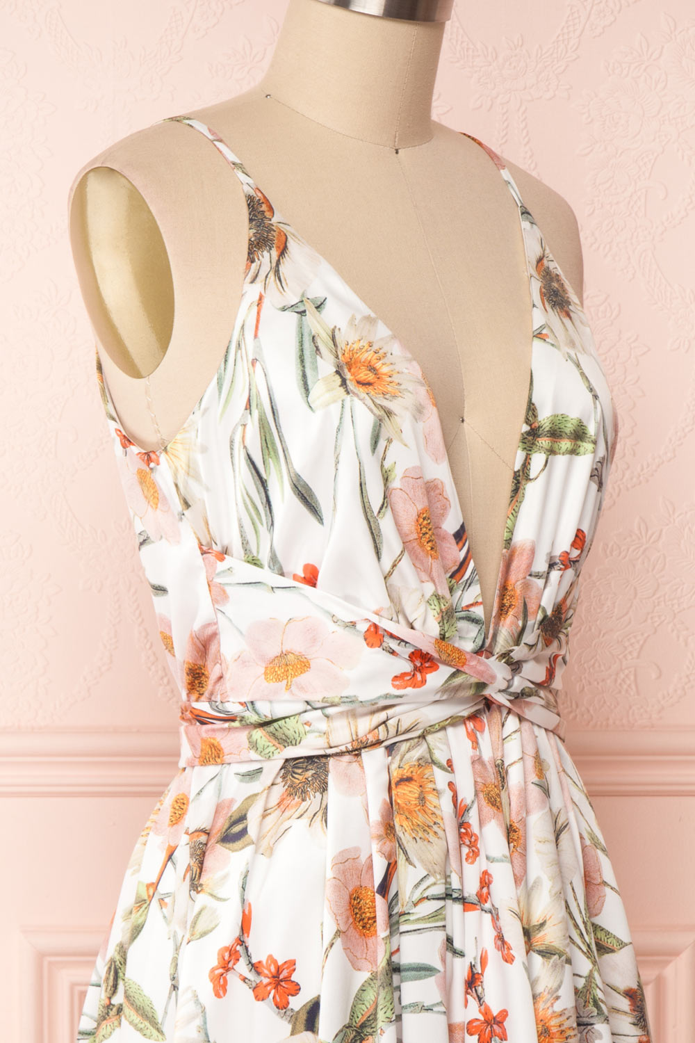 Melianda White Floral Satin A-Line Cocktail Dress | SIDE CLOSE UP | Boutique 1861