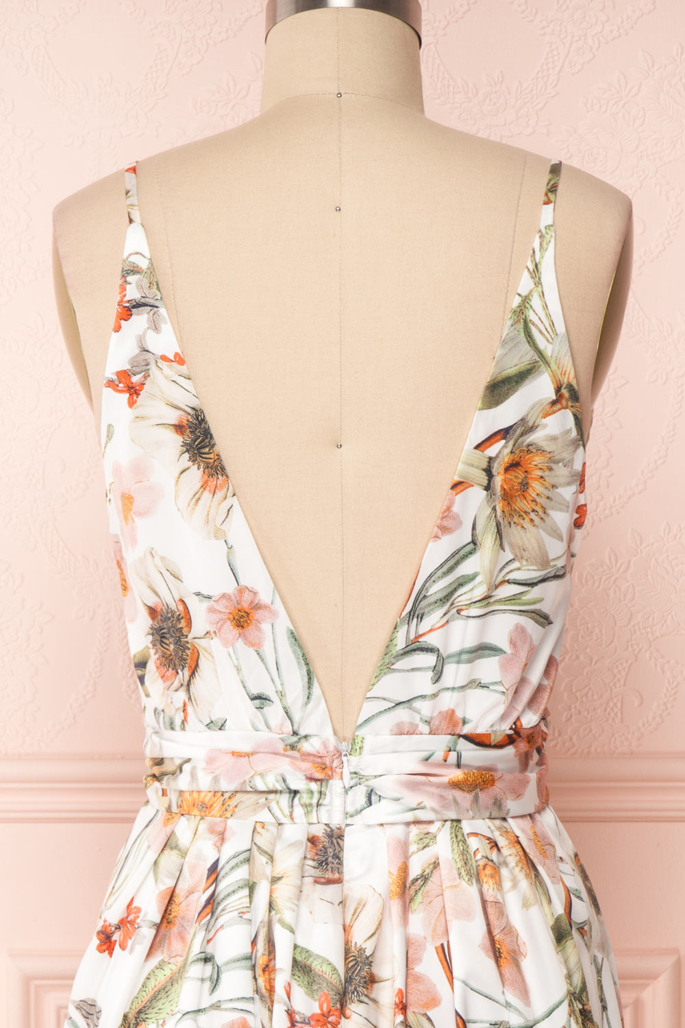 Melianda White Floral Satin A-Line Cocktail Dress | BACK CLOSE UP | Boutique 1861