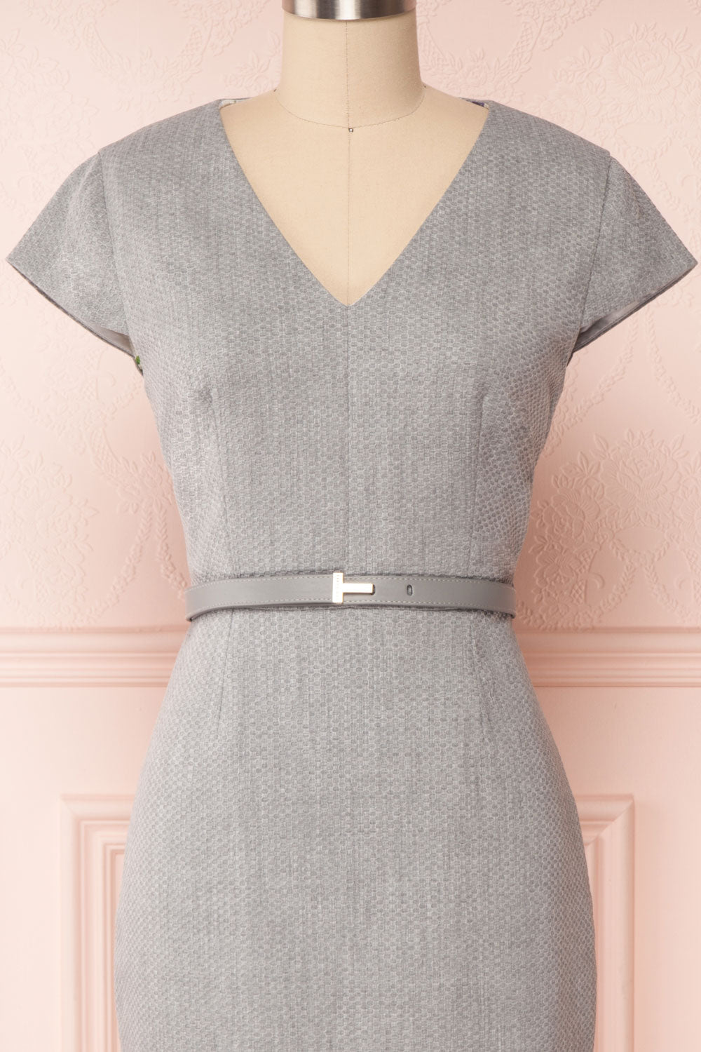 Michad Grey Fitted Ted Baker Cocktail Dress | FRONT CLOSE UP | La Petite Garçonne