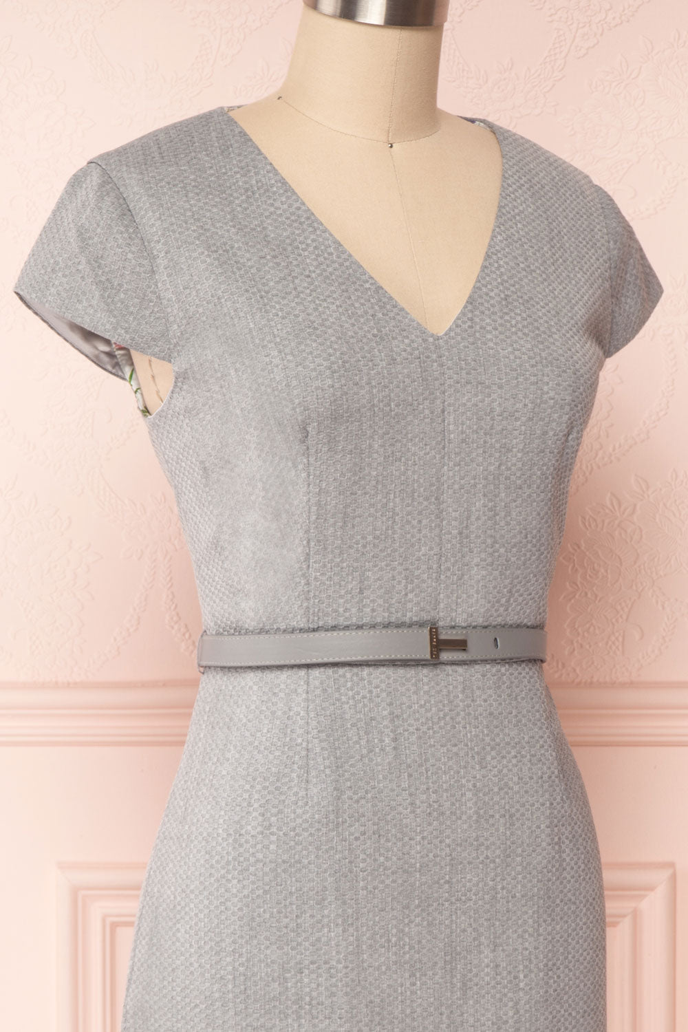 Michad Grey Fitted Ted Baker Cocktail Dress | SIDE CLOSE UP | La Petite Garçonne