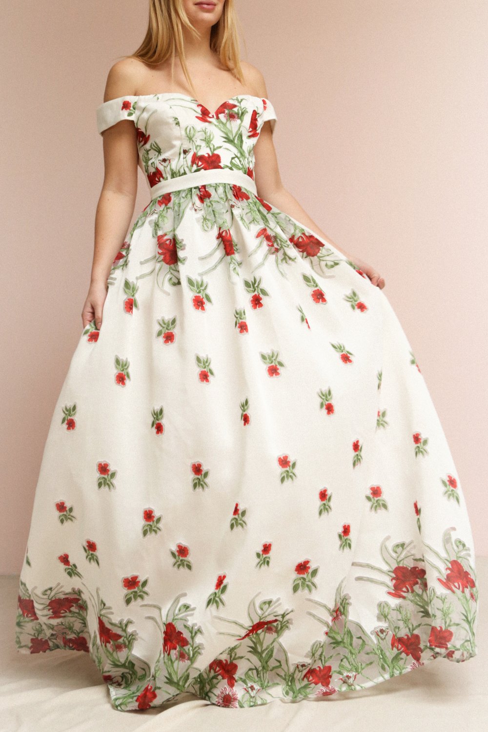 Misawa Ivory White Floral A-Line Maxi Dress | Boutique 1861 on model