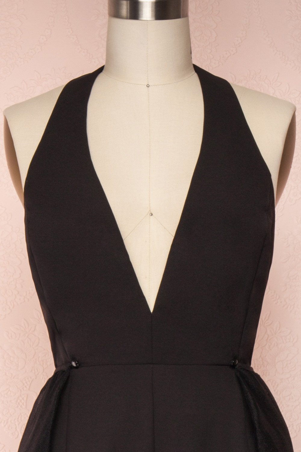 Mlynary Black Jumpsuit w/ Removable Tulle Panel front close up jupe | Boutique 1861