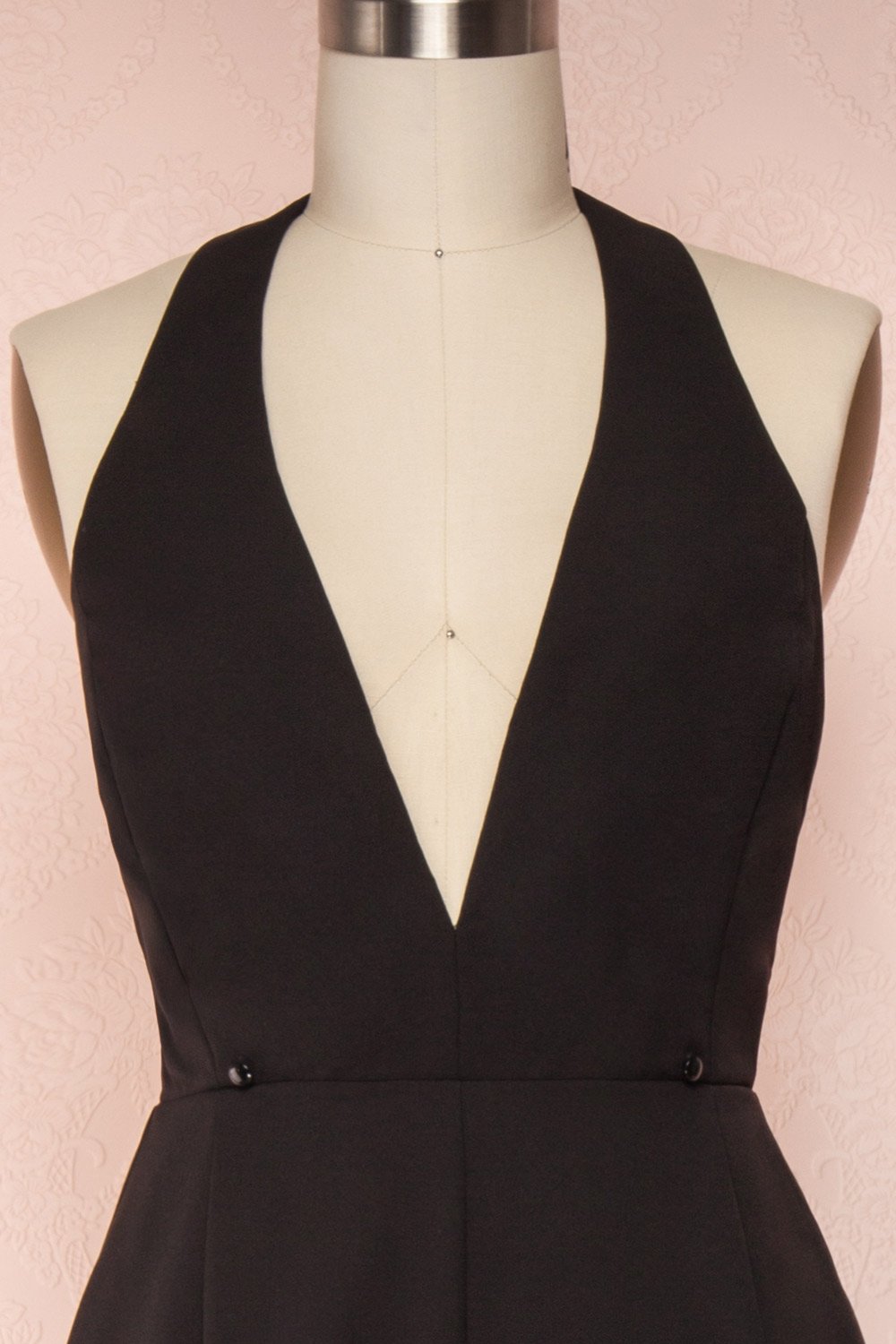 Mlynary Black Jumpsuit w/ Removable Tulle Panel front close up pants | Boutique 1861