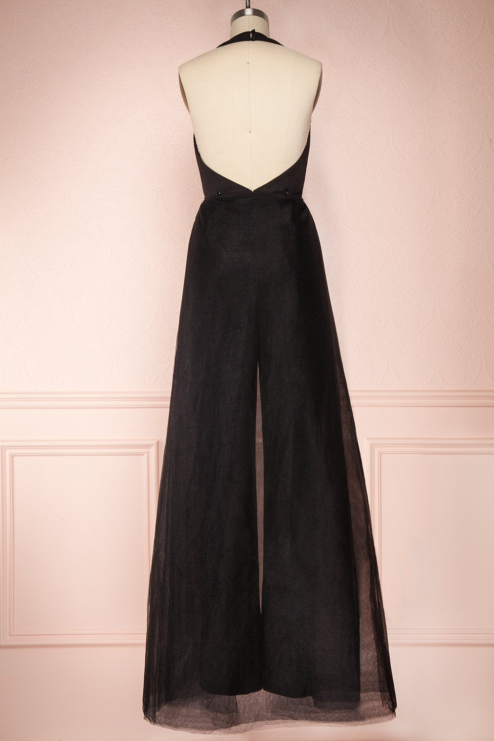 Mlynary Black Jumpsuit w/ Removable Tulle Panel back view jupe | Boutique 1861