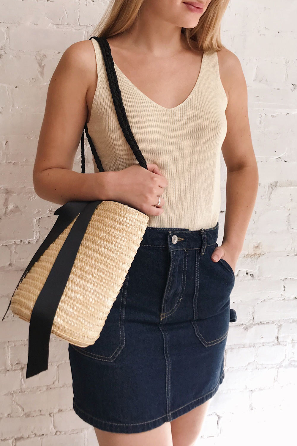 Moika Beige Knitted V-Neck Cami | La petite garçonne on model
