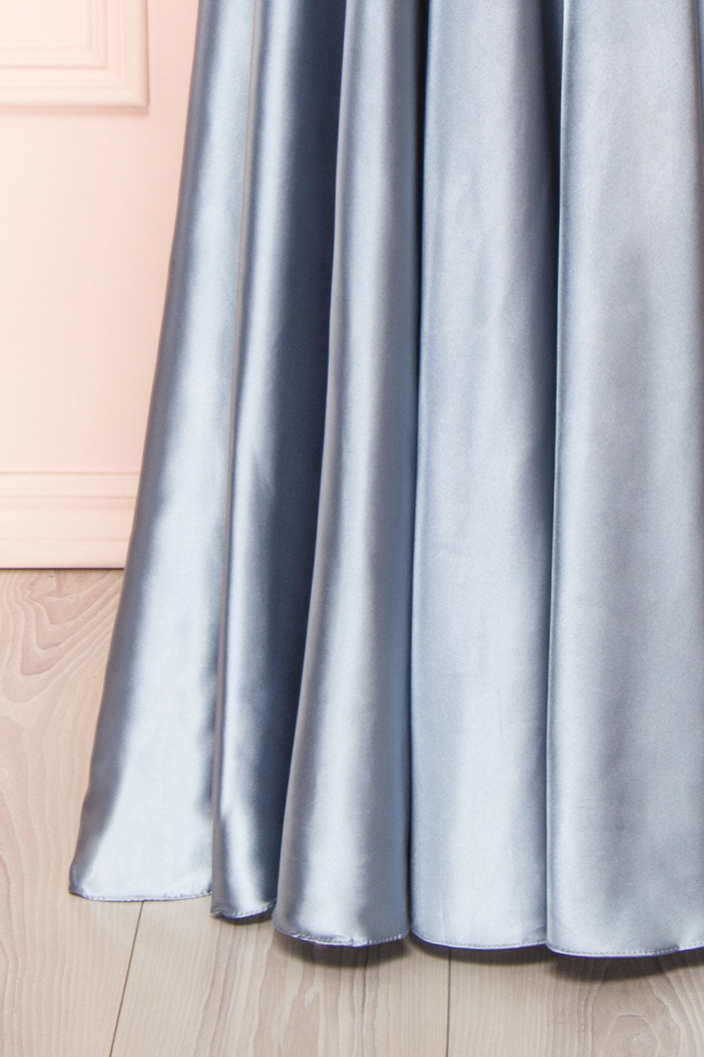 Moira Blue Cowl Neck Satin Maxi Dress w/ High Slit | Boutique 1861 bottom