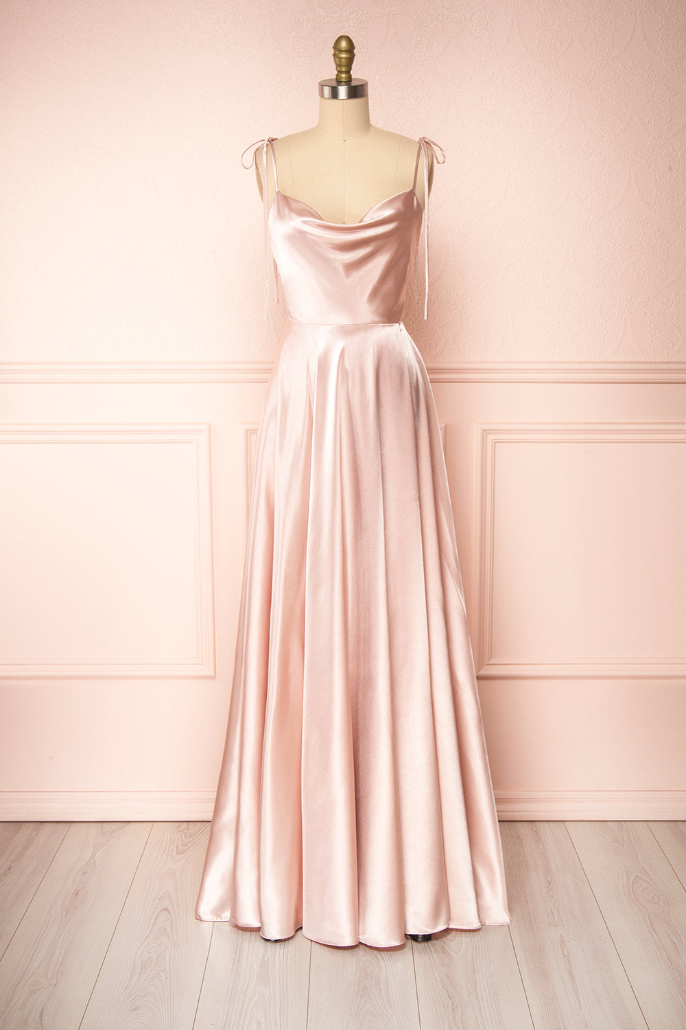 Moira Blush Cowl Neck Satin Maxi Dress w/ High Slit | Boutique 1861 front view