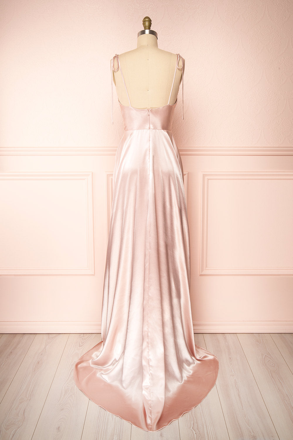 Moira Blush Cowl Neck Satin Maxi Dress w/ High Slit | Boutique 1861 back view