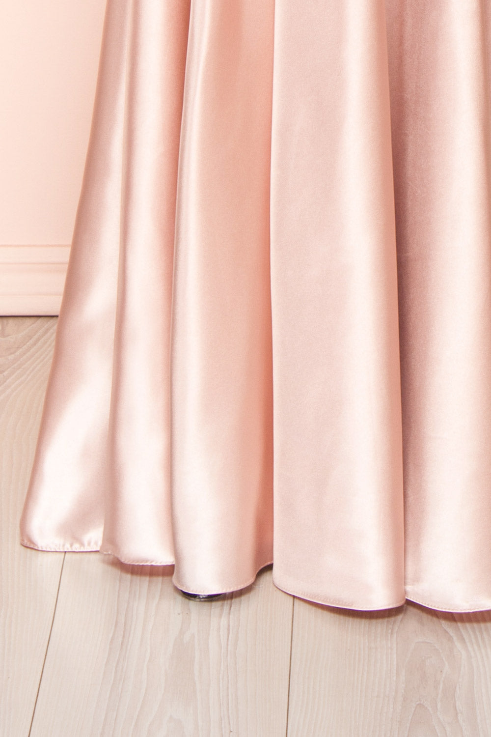 Moira Blush Cowl Neck Satin Maxi Dress w/ High Slit | Boutique 1861 bottom