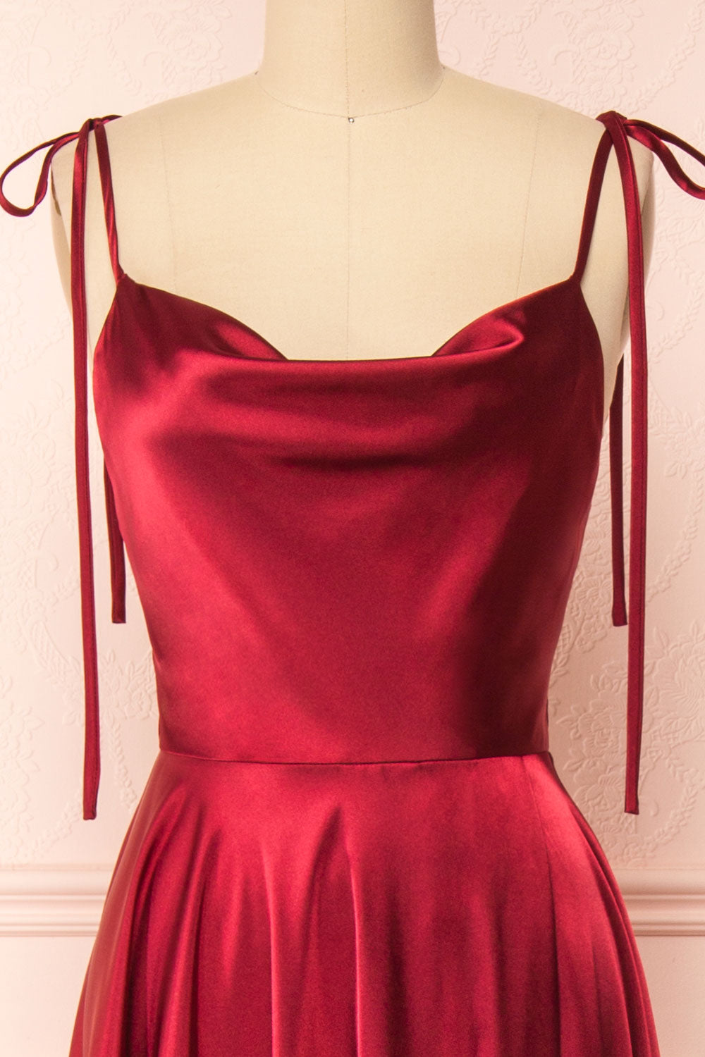 Moira Burgundy Cowl Neck Satin Maxi Dress w/ High Slit | Boutique 1861 front close-up