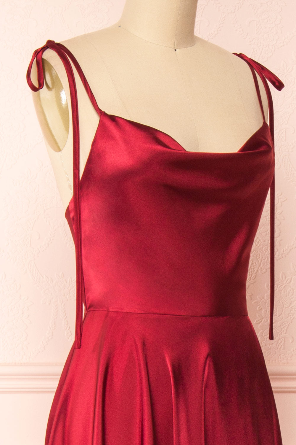 Moira Burgundy Cowl Neck Satin Maxi Dress w/ High Slit | Boutique 1861 side close-up