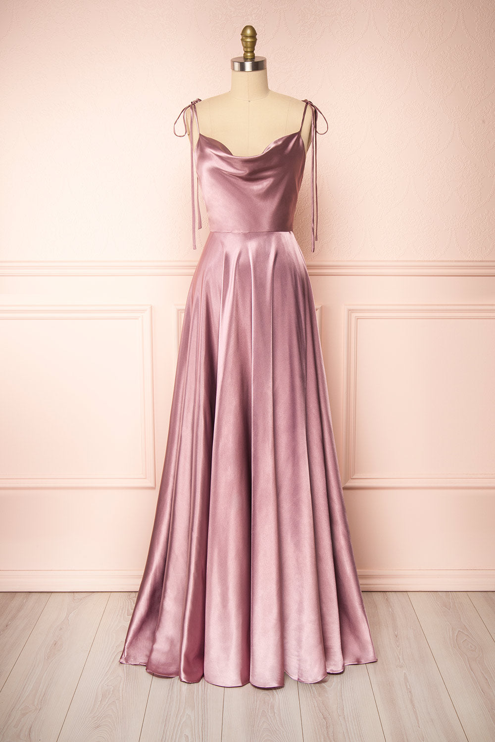 Moira Mauve Cowl Neck Satin Maxi Dress w/ High Slit | Boutique 1861 front view