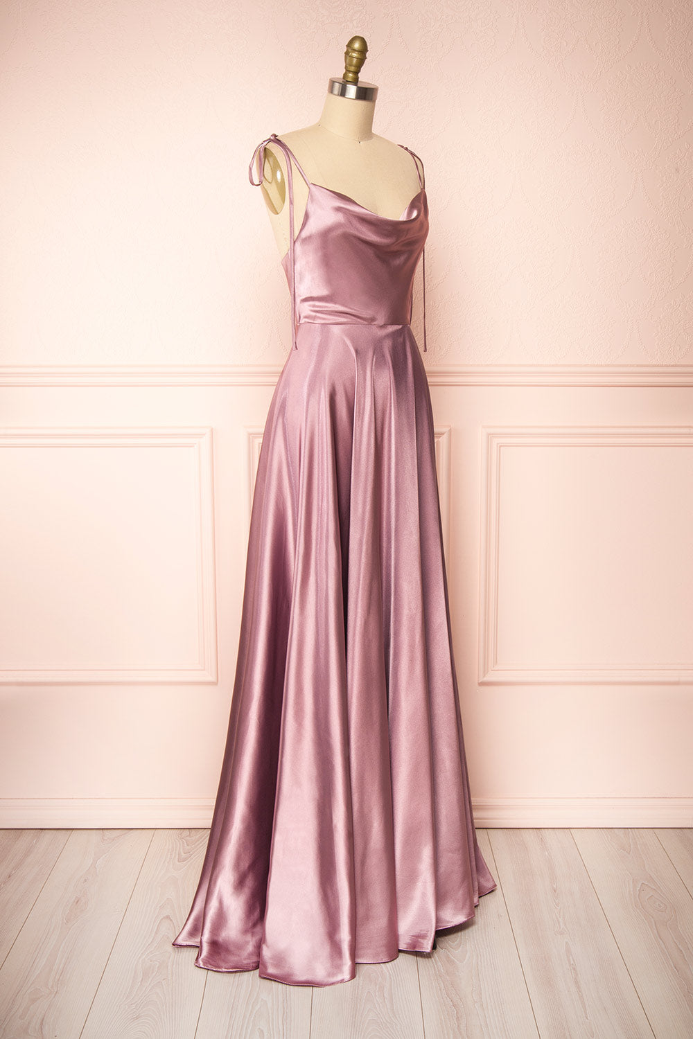 Moira Mauve Cowl Neck Satin Maxi Dress w/ High Slit | Boutique 1861 side view