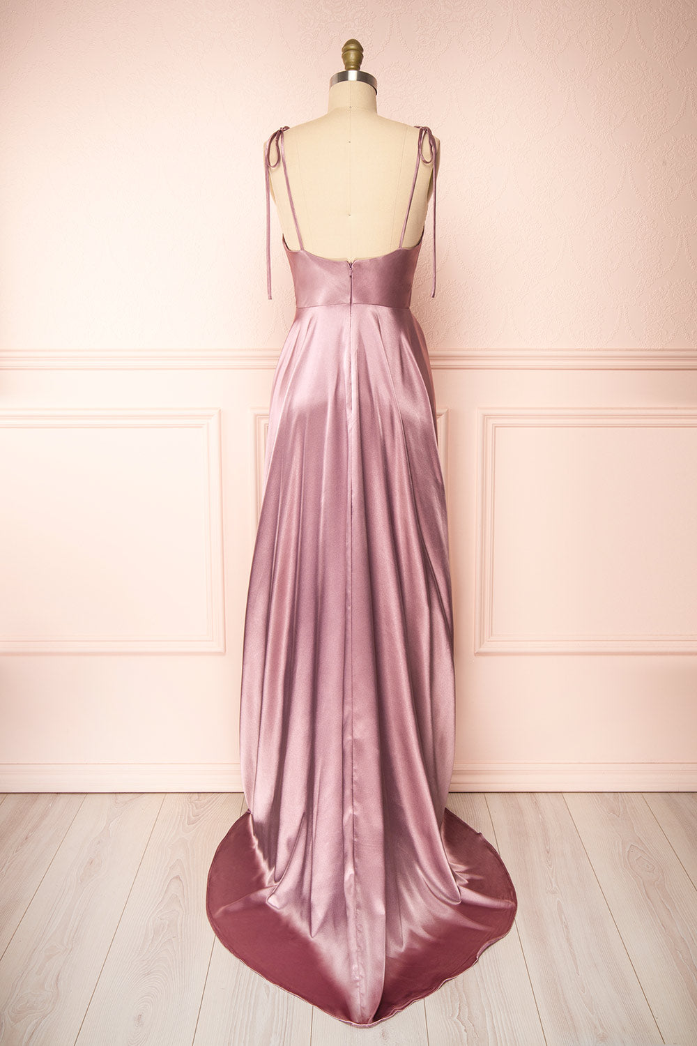 Moira Mauve Cowl Neck Satin Maxi Dress w/ High Slit | Boutique 1861 back view