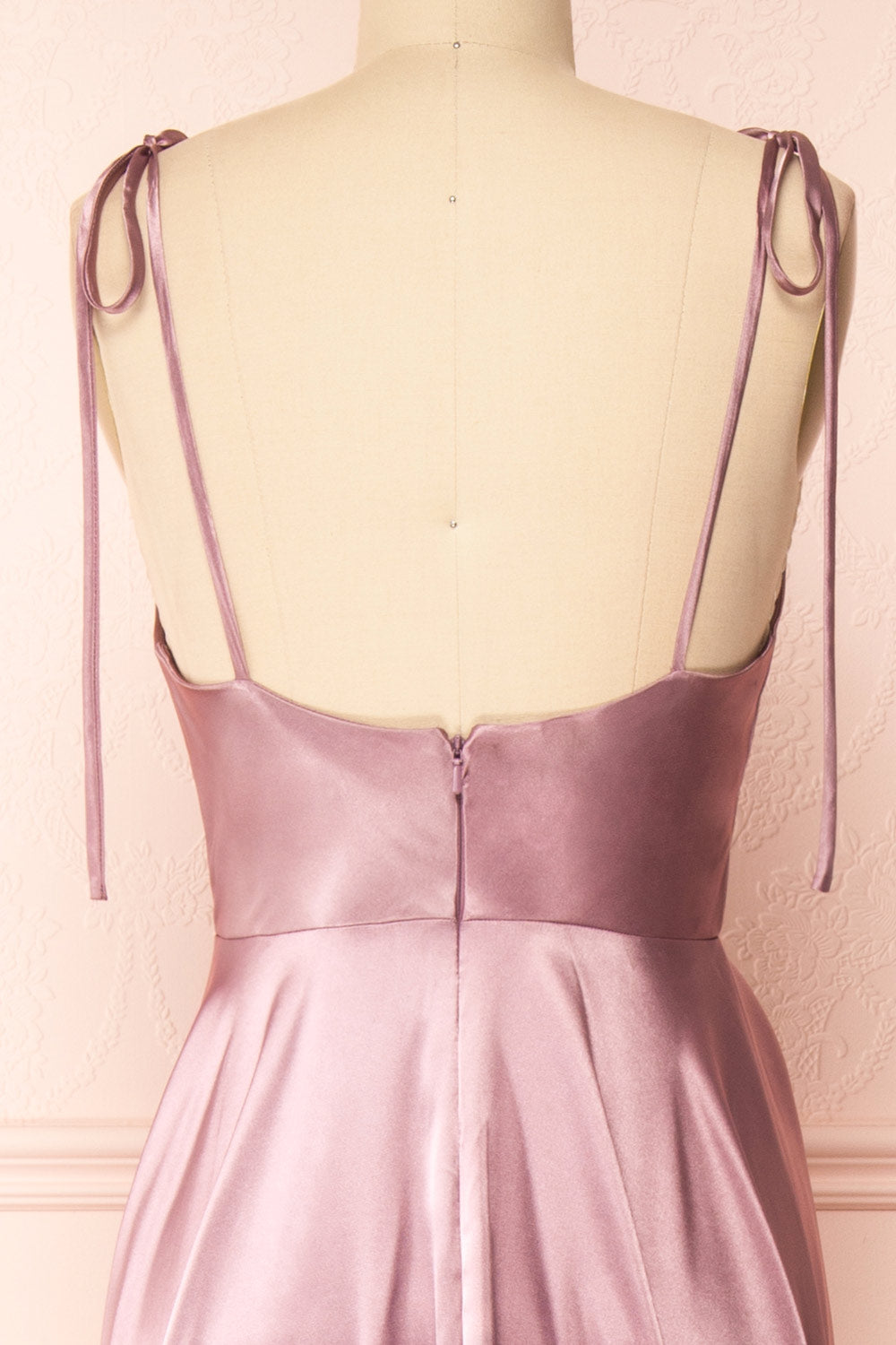 Moira Mauve Cowl Neck Satin Maxi Dress w/ High Slit | Boutique 1861 back close-up