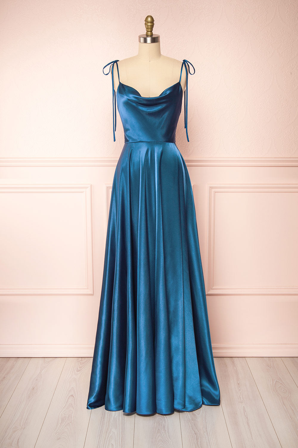 Moira Navy Cowl Neck Satin Maxi Dress w/ High Slit | Boutique 1861 front view