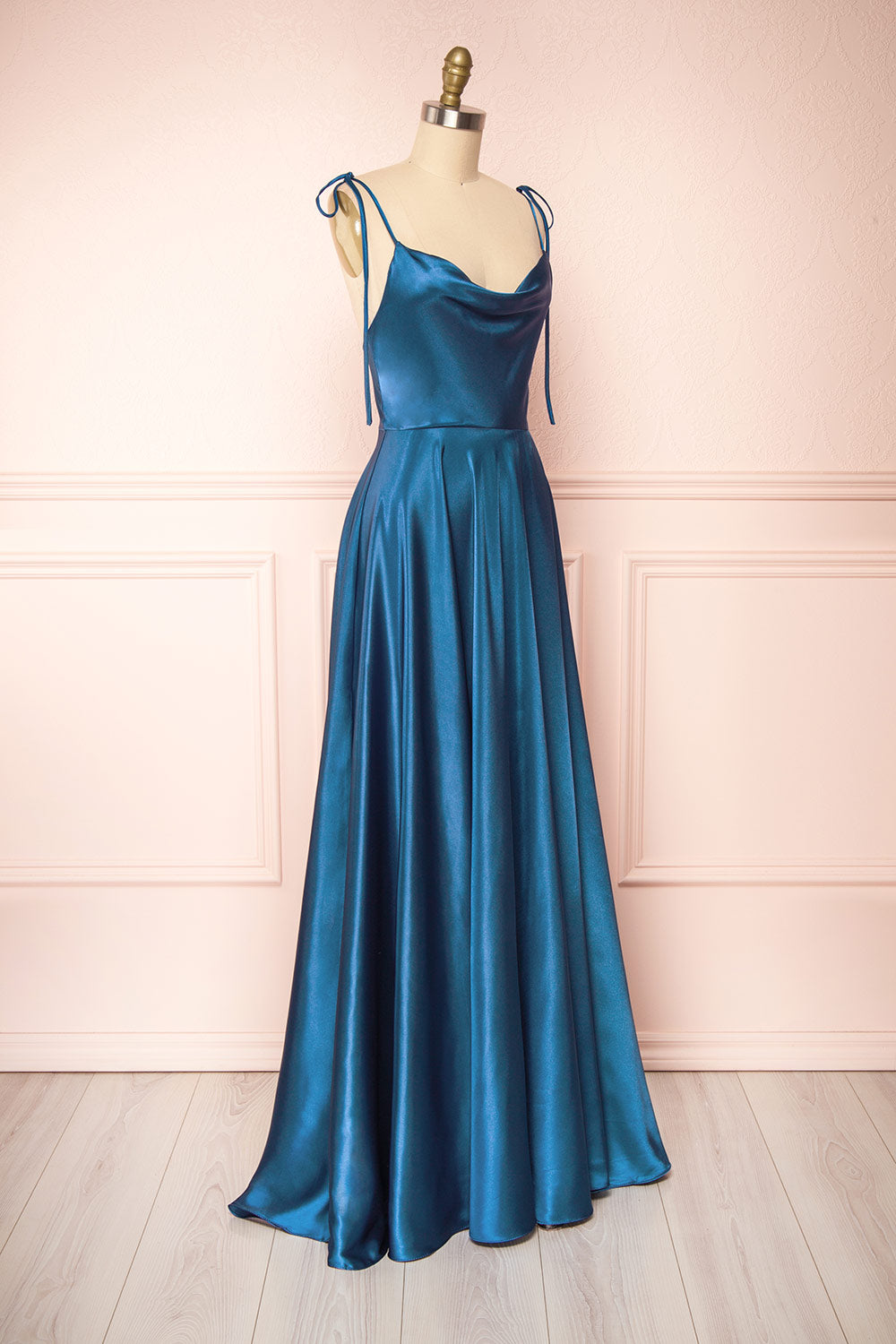 Moira Navy Cowl Neck Satin Maxi Dress w/ High Slit | Boutique 1861 side view